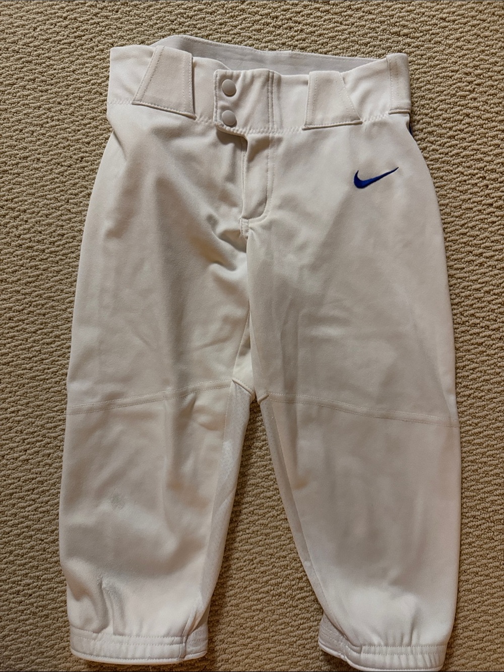 Nike Kids White Knicker-Style Baseball Pants with Blue Swoosh and pinstripe